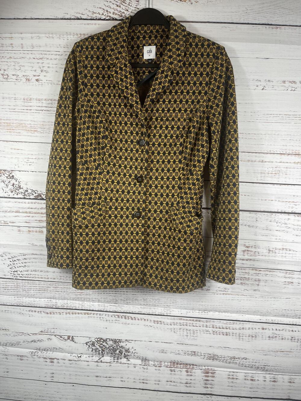Cabi Blazer Women's Medium Yellow Geometric Stretch Knit Button Front Pockets